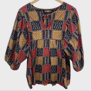 SUNNER Black Red Golden Tan Boho Patchwork Cotton Top Medium